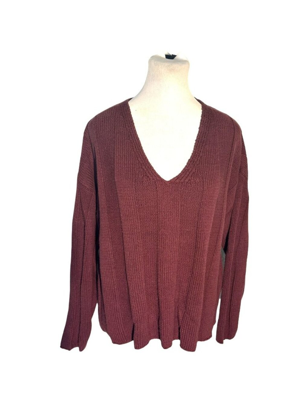 MittoShop Burgundy Knit V-Neck Pullover Sweater Size M